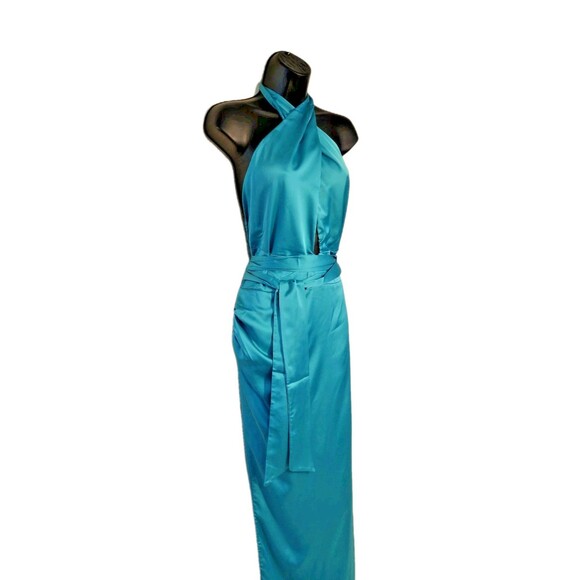New! Show me your MuMu -Adele Halter Turquoise Maxi Dress - Teal Luxe Satin XXL - Picture 5 of 9